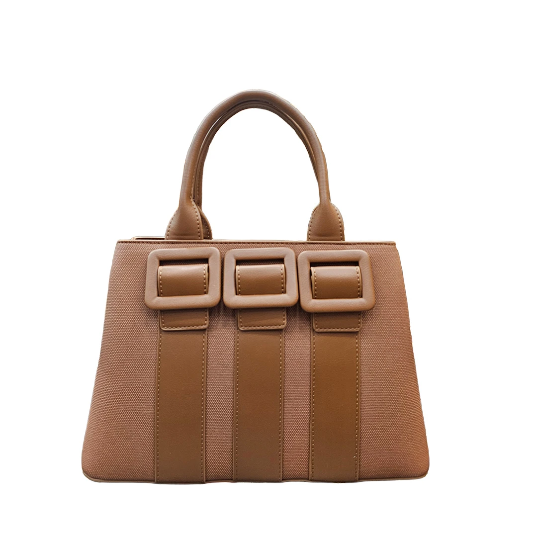 Chrisbella Tan Canvas & Faux Leather Buckle Tote Bag