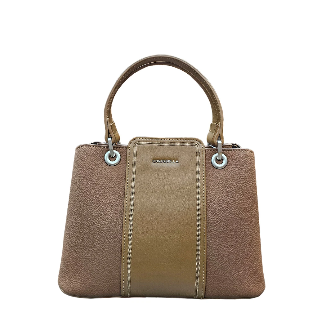 Chrisbella Two-Tone Coffee Faux Leather Tote Bag with Central Panel Accent