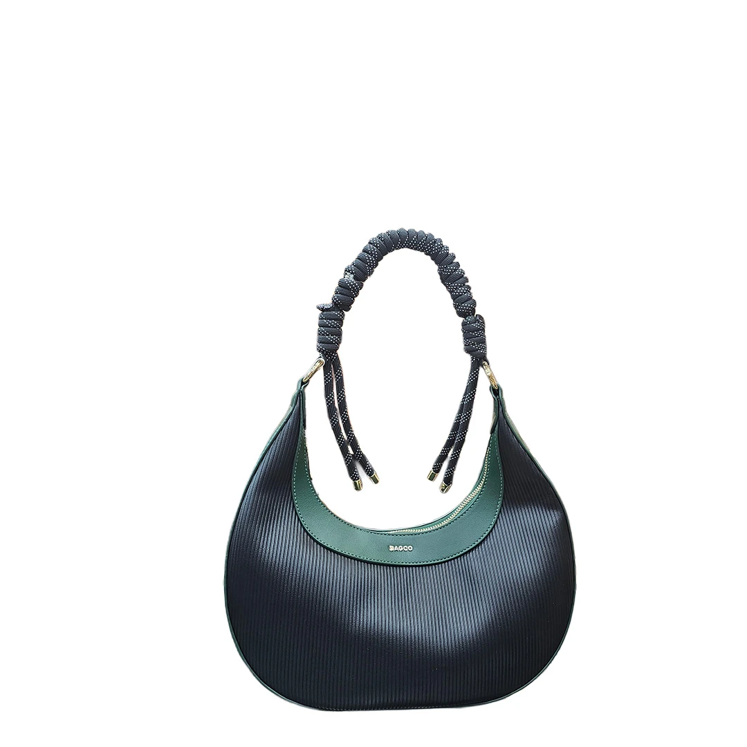 Chrisbella Black & Green Pleated Shoulder Bag with Rope Strap