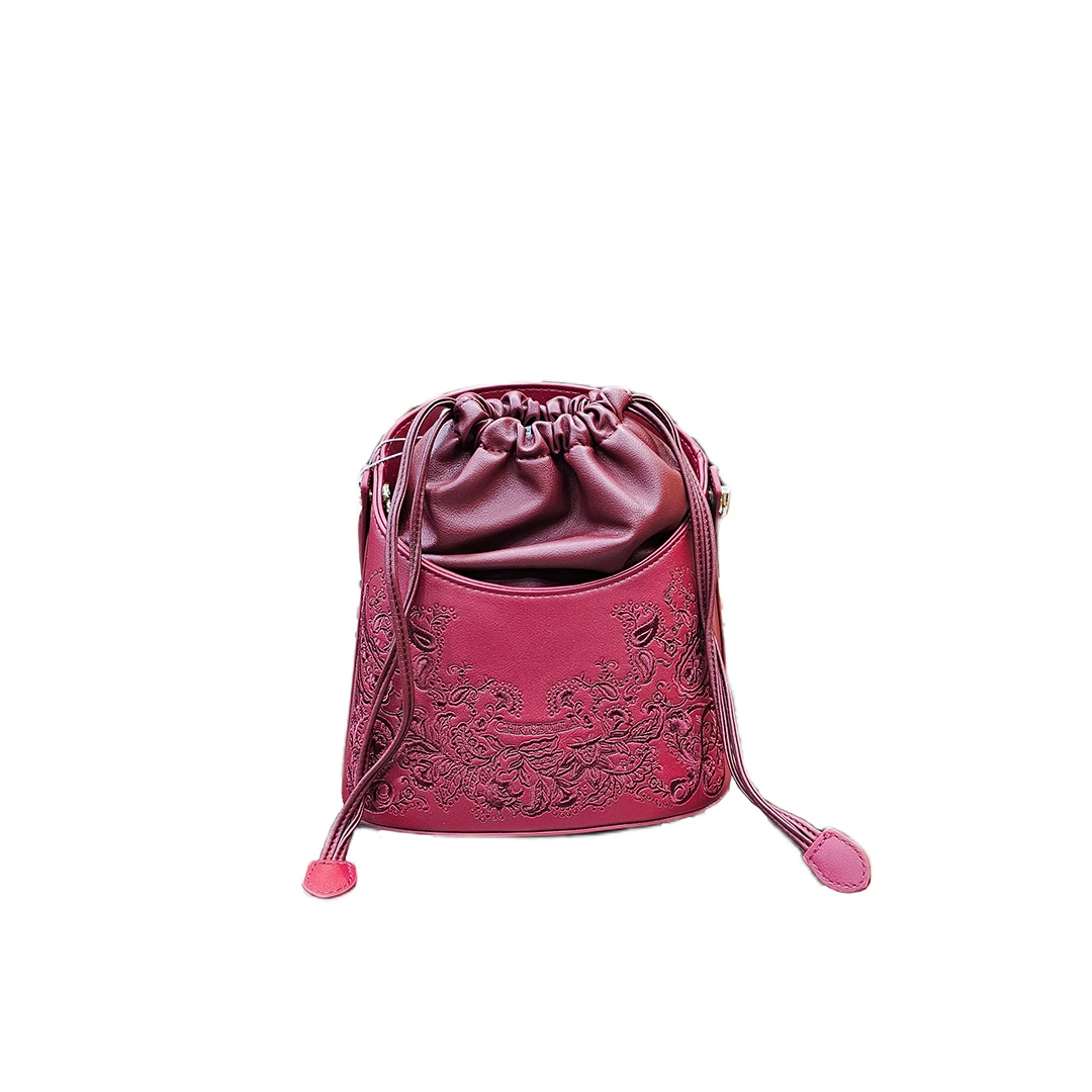 Burgundy Embroidered Faux Leather Bucket Bag – Drawstring Closure