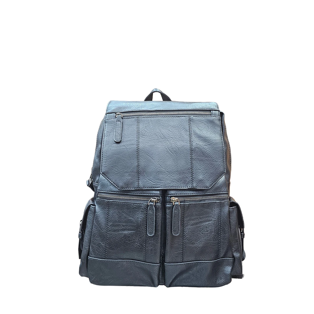 Black Multi-Pocket PU Leather Backpack – Urban Utility Style