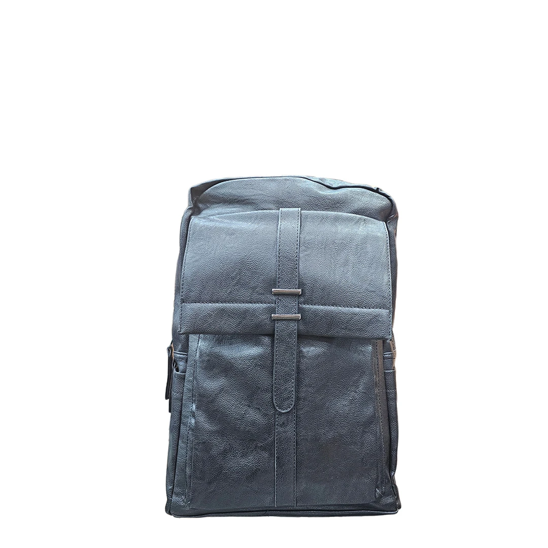 Matte Black PU Leather Backpack – Flap Top with Strap Accent
