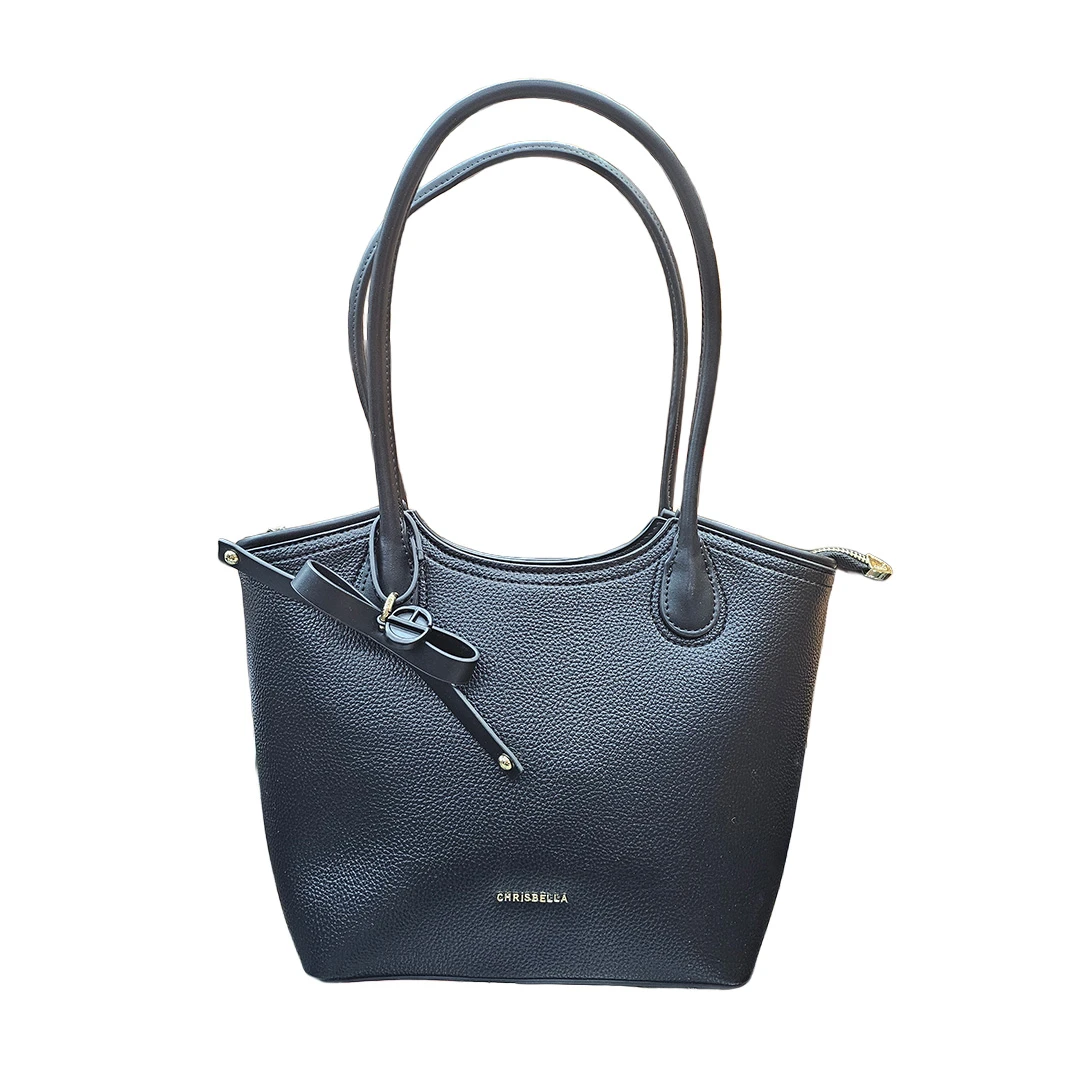 Chrisbella Black Tote Handbag with Bow Strap Detail