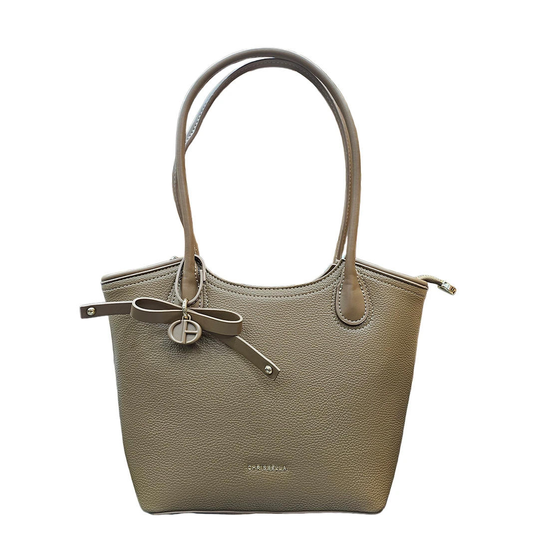 Chrisbella Taupe Tote Handbag with Bow Strap Detail