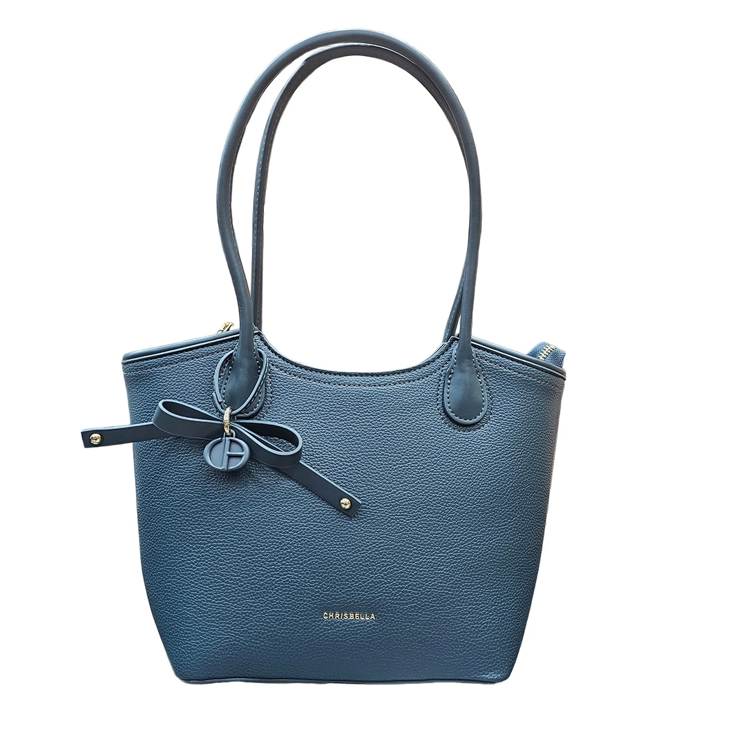 Chrisbella Navy Blue Tote Handbag with Bow Strap Detail