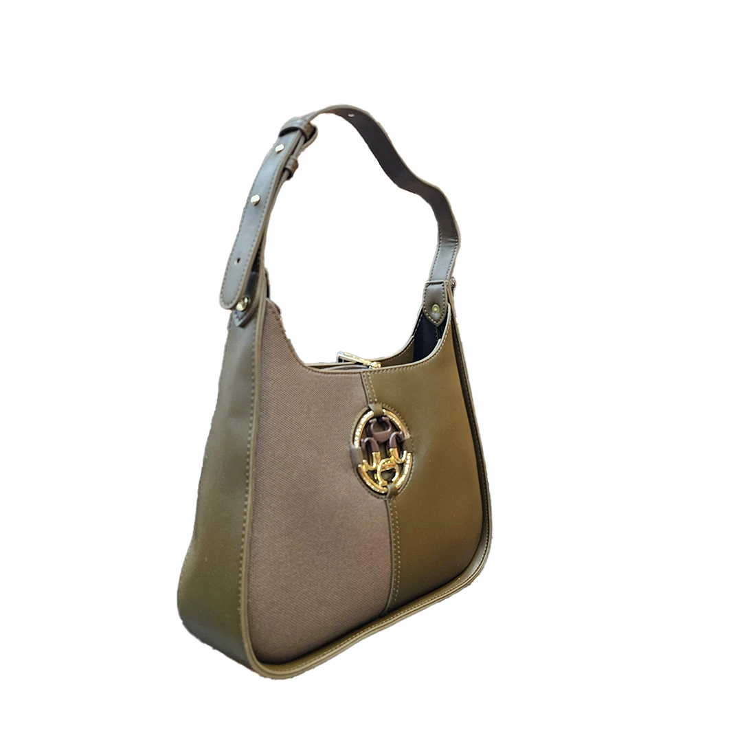 Two-Tone Olive & Khaki Shoulder Bag with Gold Emblem