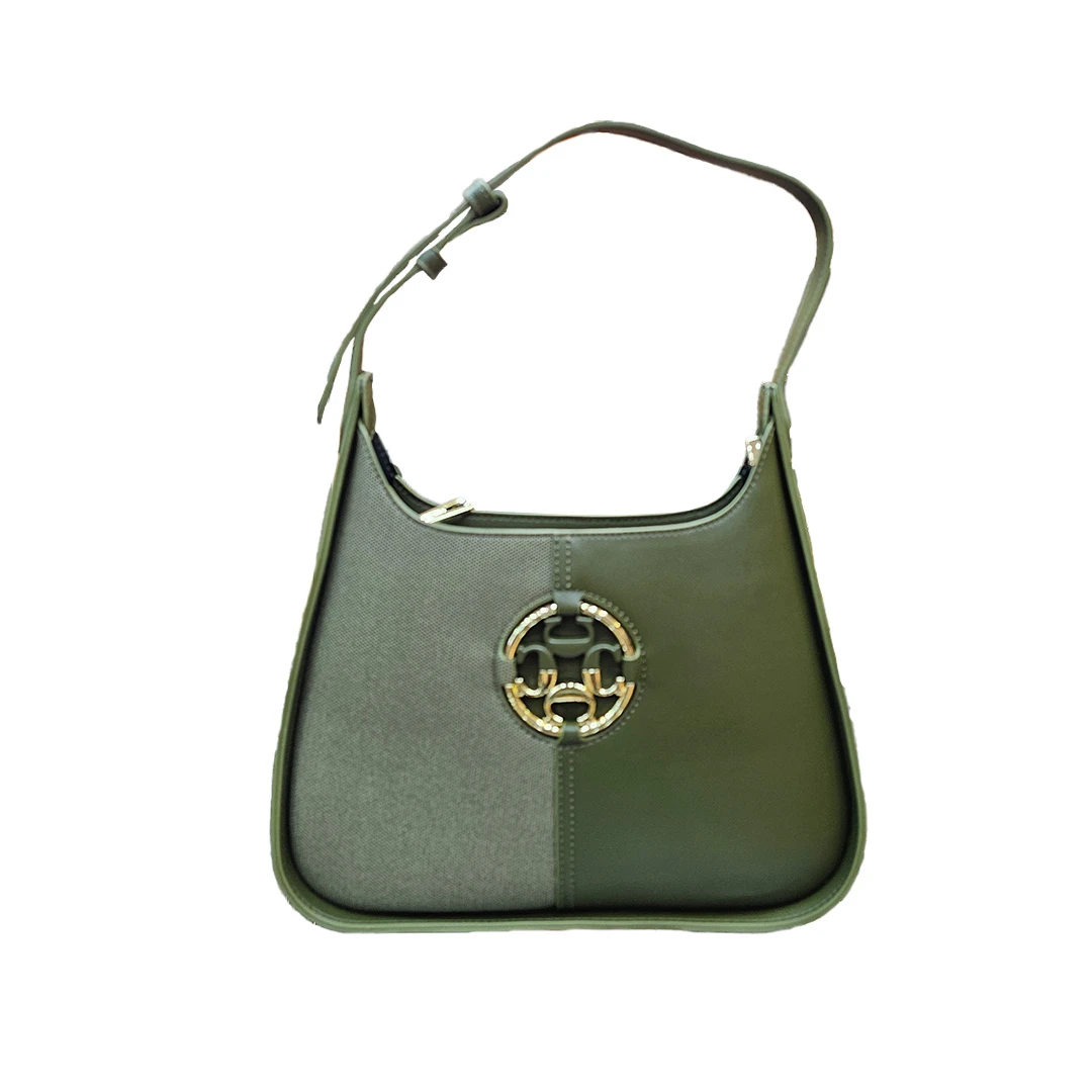 Olive Green Shoulder Bag with Gold Logo Emblem