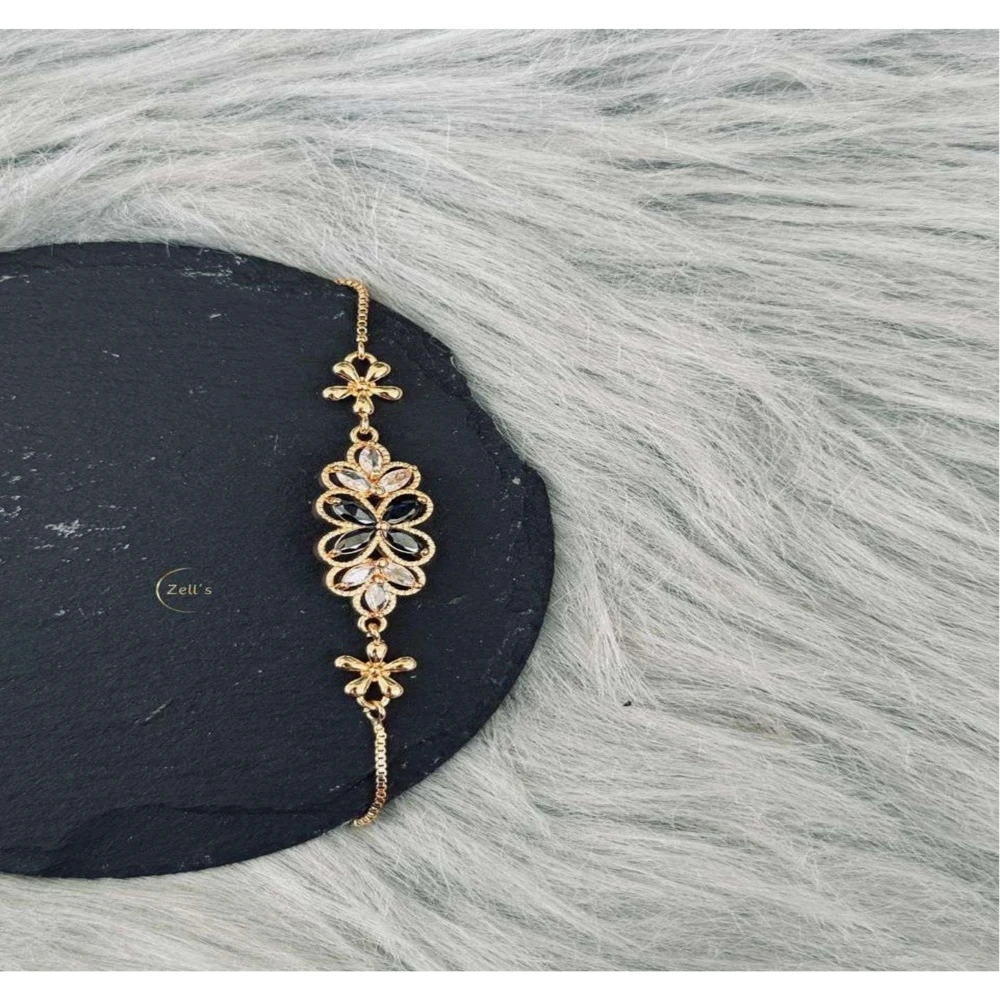 Zell’s Royal Black Crystal Floral Bracelet – Gold Finish