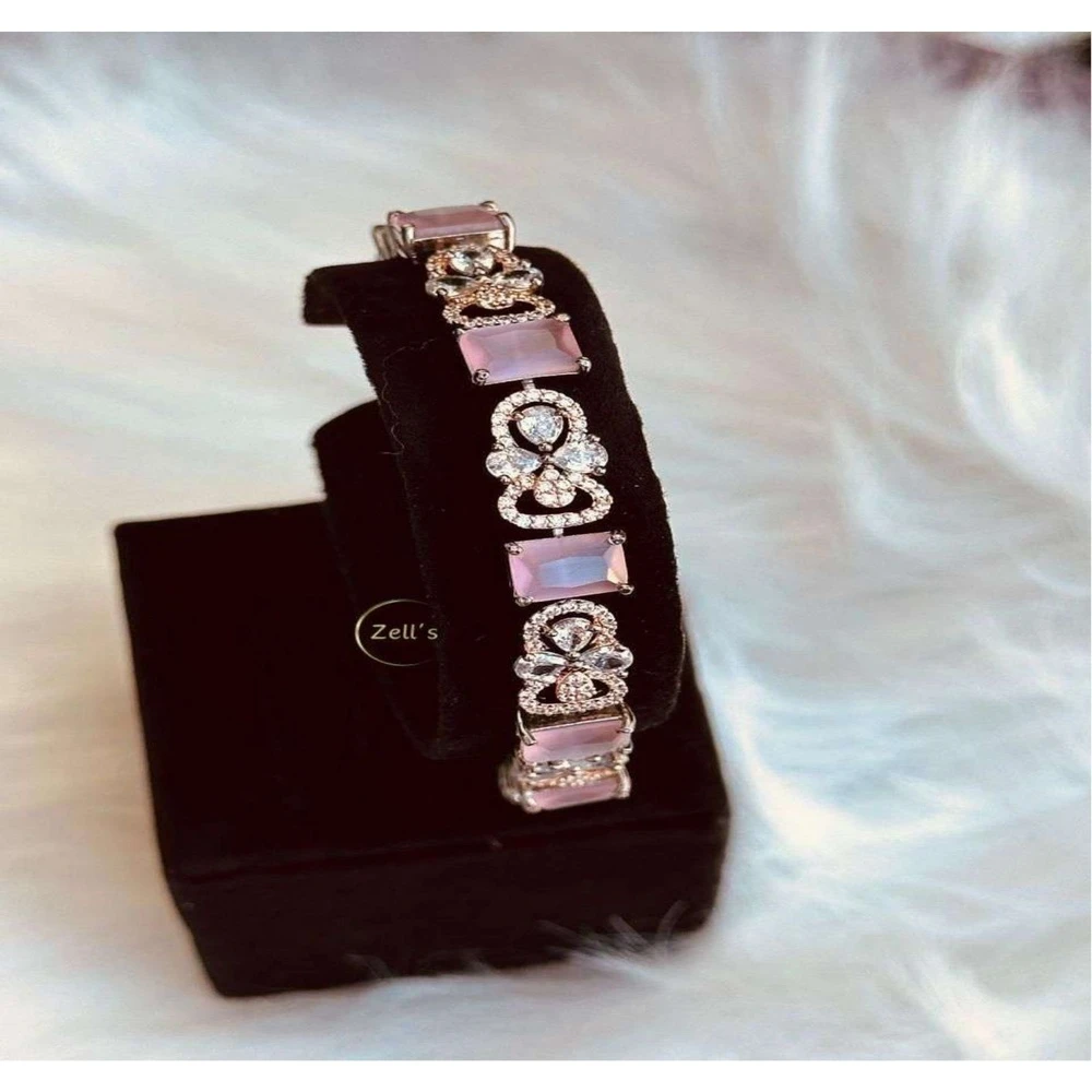 Zell’s Pink Crystal Rectangle & Bow Bracelet – Silver Finish