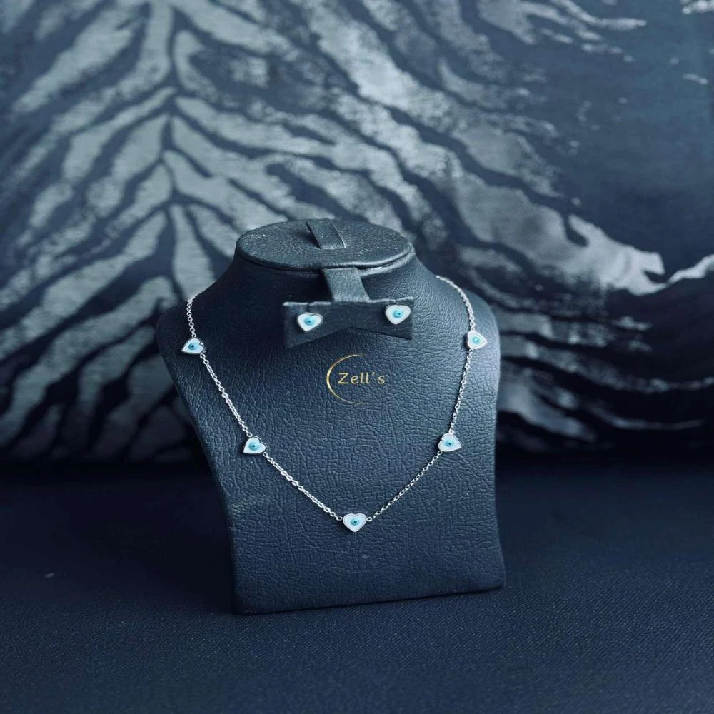 Zell’s Blue Heart Evil Eye Jewelry Set – Silver Chain Necklace & Studs