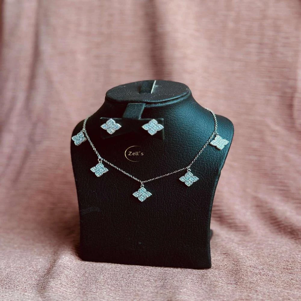 Zell’s Silver Diamond Tile Jewelry Set – Geometric Necklace & Stud Earrings