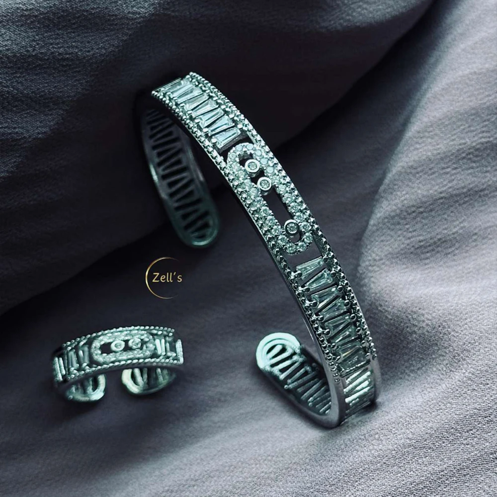 Zell’s Roman Crystal Open Bangle & Ring Set – Silver Edition