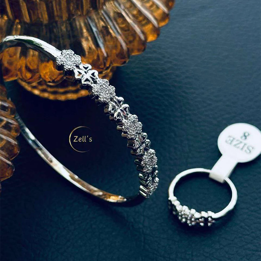 Zell’s Floral Crystal Bangle & Ring Set – Silver Bloom Edition
