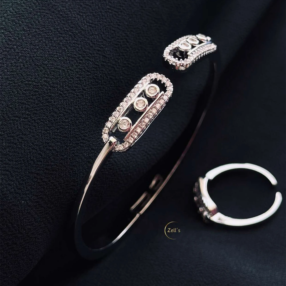 Zell’s Trio Crystal Bar Bracelet & Ring Set – Silver Finish