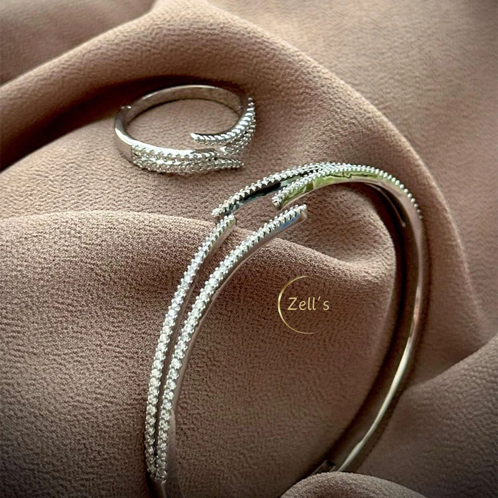 Zell’s Elegant Pavé Stone Ring & Bangle Set – Silver Sparkle Finish