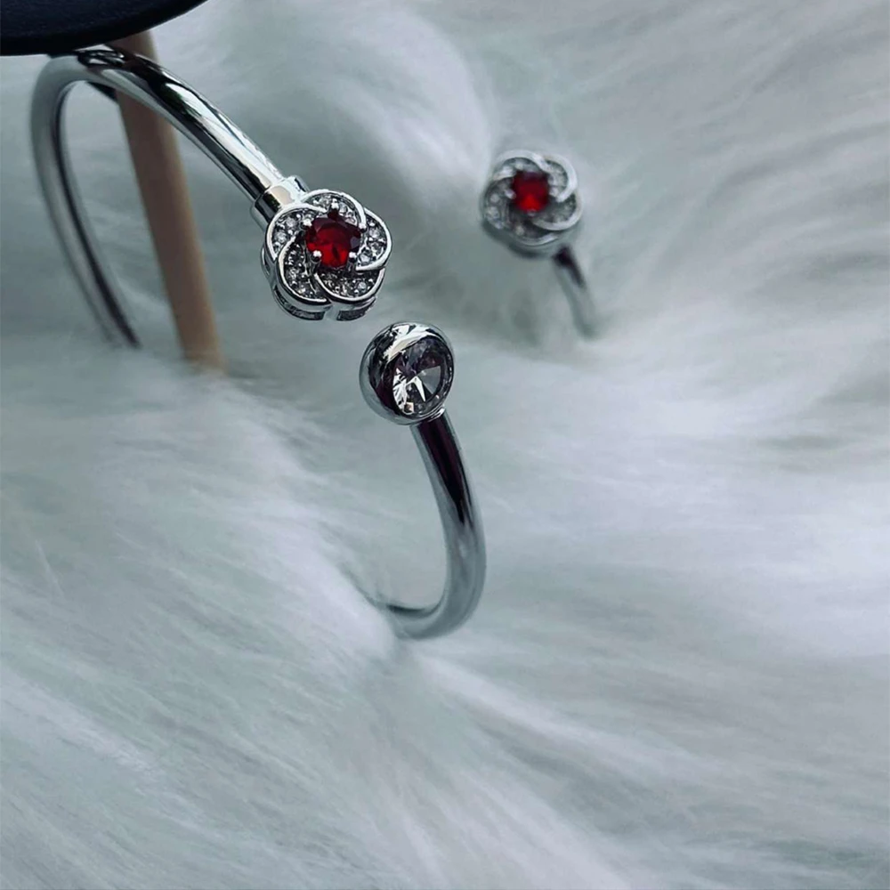 Zell’s Rose Crystal Adjustable Bangle Set – Silver with Red & White Stones