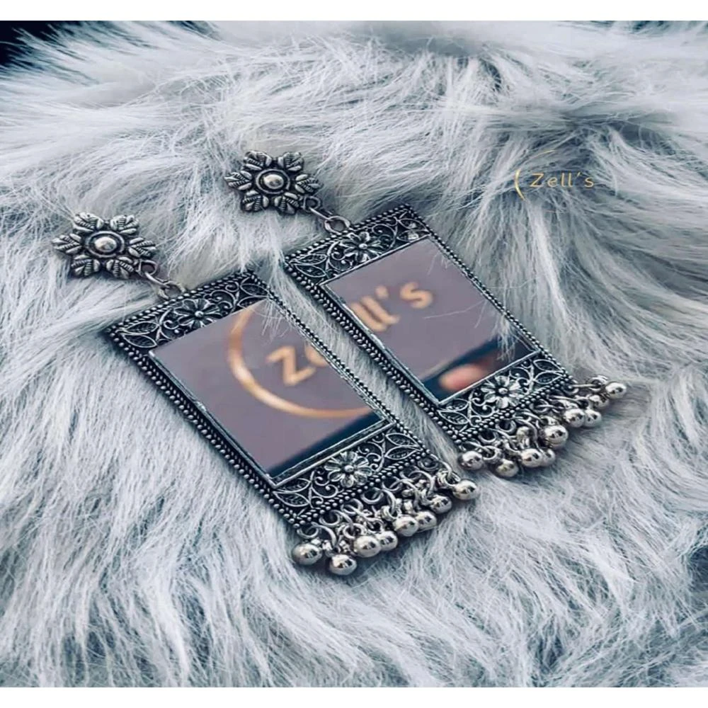 Zell’s Rectangular Oxidised Mirror Earrings – Floral Top & Silver Drops