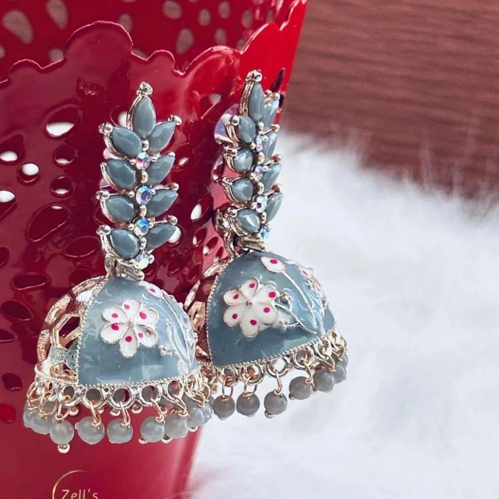 Zell’s Floral Enamel Jhumka Earrings – Sky Blue & Silver